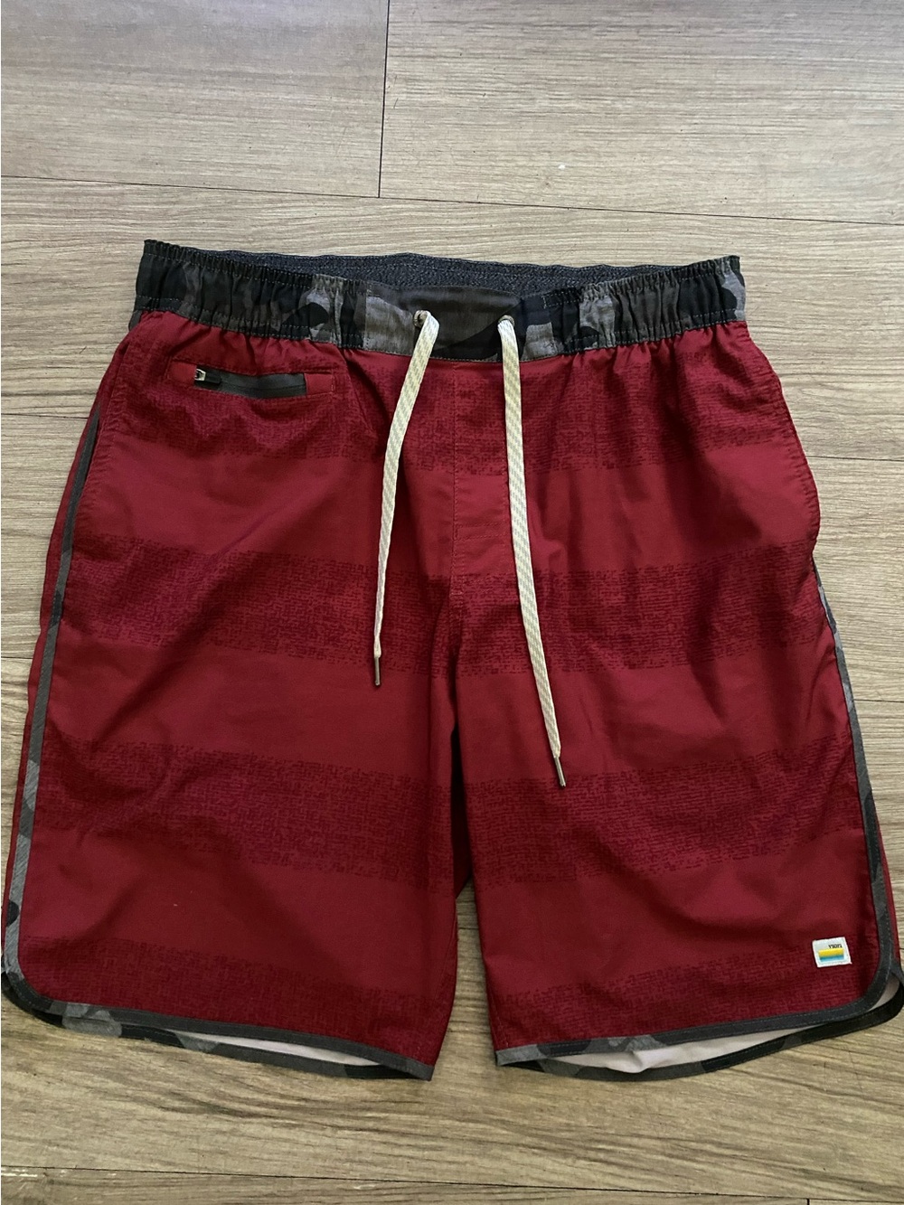 Vuori Men's Red/Burgundy Athletic Banks Unlined Shorts with Gray Waistband